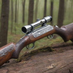 A bolt-action shotgun with an ebony handle and chrome finish. Beautiful engravings depict forest scenes along the barrel.