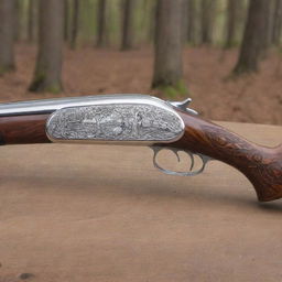 A bolt-action shotgun with an ebony handle and chrome finish. Beautiful engravings depict forest scenes along the barrel.