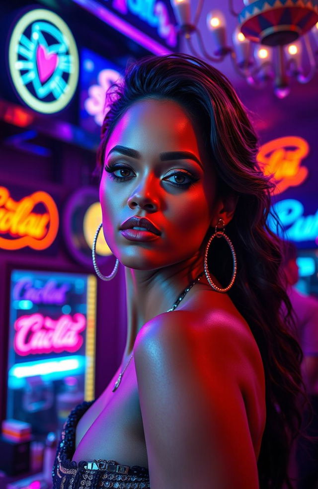 A glamorous strip club scene as the background with colorful lights, neon signs, and a vibrant atmosphere