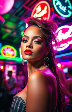 A glamorous strip club scene as the background with colorful lights, neon signs, and a vibrant atmosphere