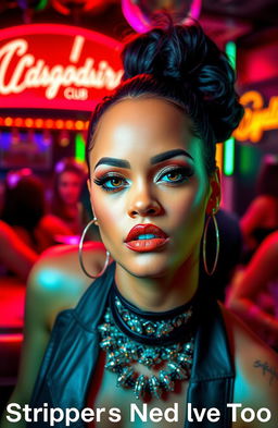 A glamorous strip club scene as the background with colorful lights, neon signs, and a vibrant atmosphere