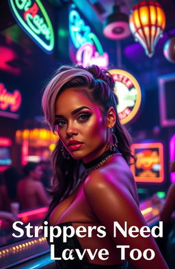 A glamorous strip club scene as the background with colorful lights, neon signs, and a vibrant atmosphere
