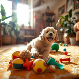 A cozy indoor setting featuring a cute and fluffy golden retriever puppy playing with colorful toys on a bright, patterned rug, surrounded by plants and soft sunlight streaming through the window