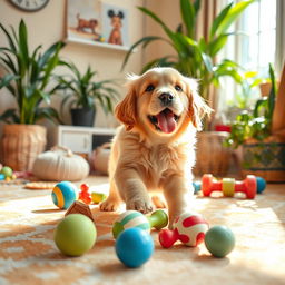 A cozy indoor setting featuring a cute and fluffy golden retriever puppy playing with colorful toys on a bright, patterned rug, surrounded by plants and soft sunlight streaming through the window