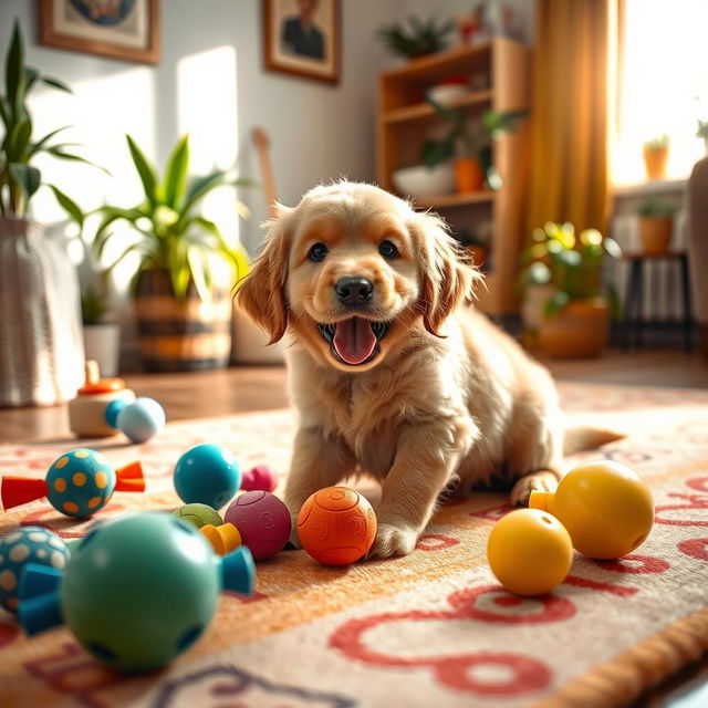 A cozy indoor setting featuring a cute and fluffy golden retriever puppy playing with colorful toys on a bright, patterned rug, surrounded by plants and soft sunlight streaming through the window