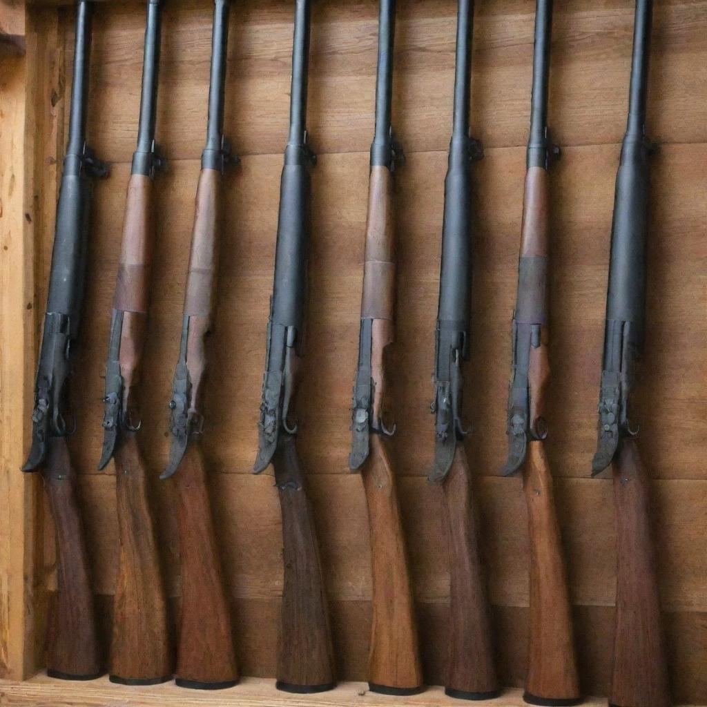 A variety of pump-action rifles lined up on a gun rack