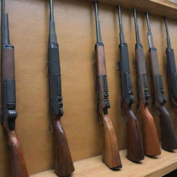 A variety of pump-action rifles lined up on a gun rack