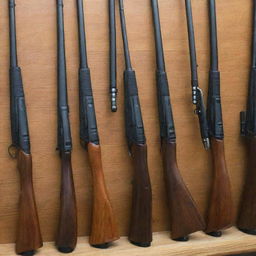 A variety of pump-action rifles lined up on a gun rack