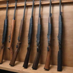 A variety of pump-action rifles lined up on a gun rack