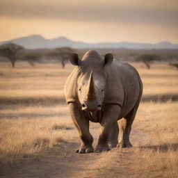 A majestic rhinoceros standing in the golden savannah, the sun setting in the background, casting long, dramatic shadows.