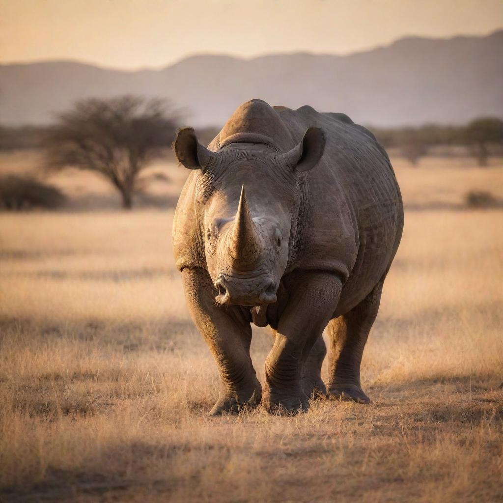 A majestic rhinoceros standing in the golden savannah, the sun setting in the background, casting long, dramatic shadows.