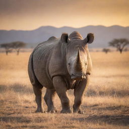 A majestic rhinoceros standing in the golden savannah, the sun setting in the background, casting long, dramatic shadows.