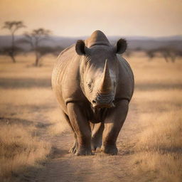 A majestic rhinoceros standing in the golden savannah, the sun setting in the background, casting long, dramatic shadows.