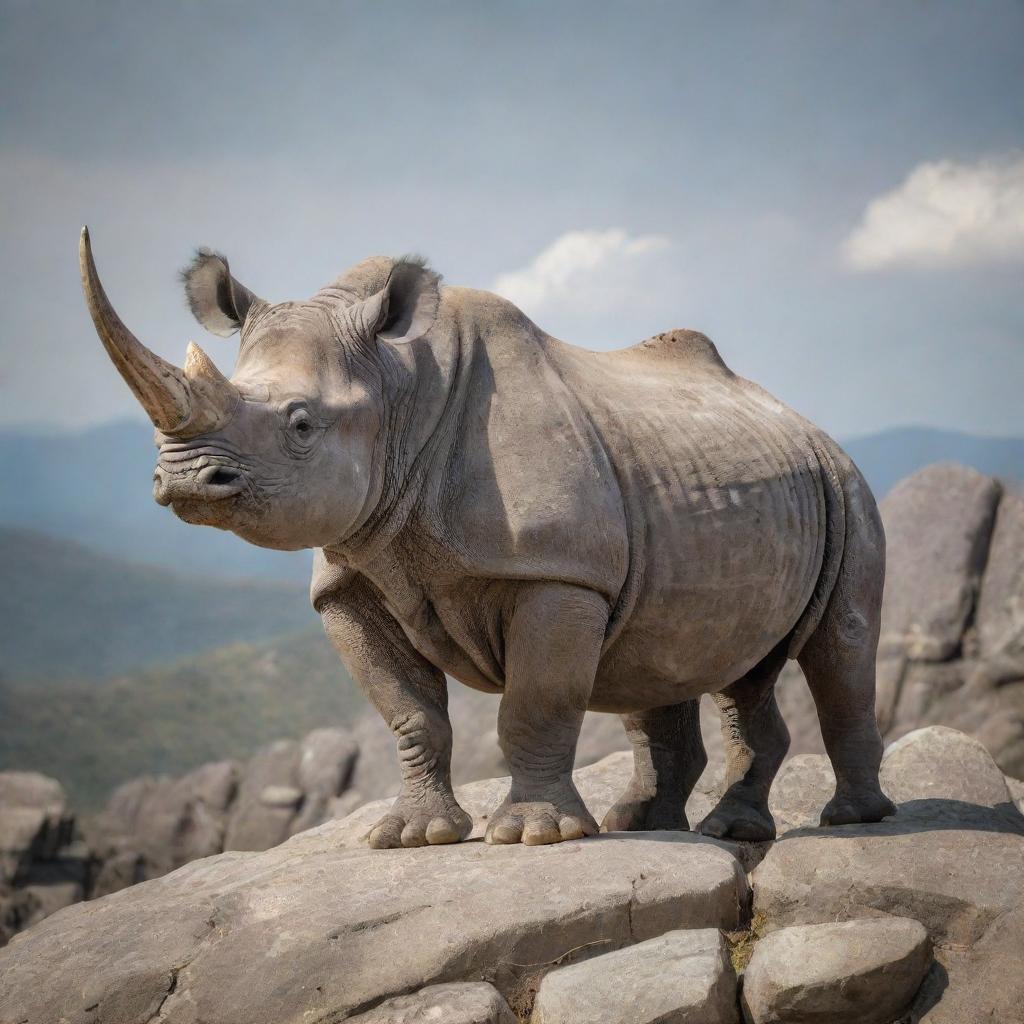 A fantastical, powerful three-horned rhinoceros standing on a rocky terrain