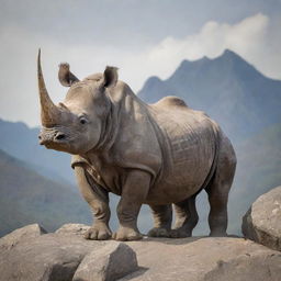 A fantastical, powerful three-horned rhinoceros standing on a rocky terrain