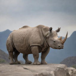 A fantastical, powerful three-horned rhinoceros standing on a rocky terrain