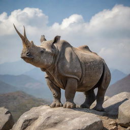 A fantastical, powerful three-horned rhinoceros standing on a rocky terrain