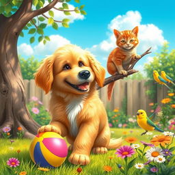 A lively scene depicting a variety of adorable pets including a fluffy golden retriever playing with a colorful ball, a playful orange tabby cat perched on a tree branch, and a small, energetic parakeet fluttering around in a sunny garden filled with vibrant flowers