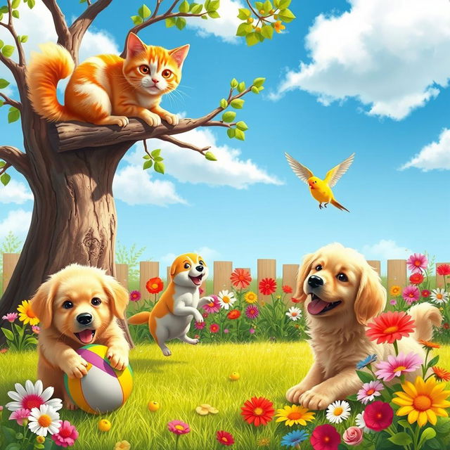 A lively scene depicting a variety of adorable pets including a fluffy golden retriever playing with a colorful ball, a playful orange tabby cat perched on a tree branch, and a small, energetic parakeet fluttering around in a sunny garden filled with vibrant flowers