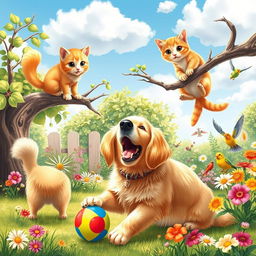 A lively scene depicting a variety of adorable pets including a fluffy golden retriever playing with a colorful ball, a playful orange tabby cat perched on a tree branch, and a small, energetic parakeet fluttering around in a sunny garden filled with vibrant flowers