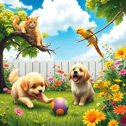 A lively scene depicting a variety of adorable pets including a fluffy golden retriever playing with a colorful ball, a playful orange tabby cat perched on a tree branch, and a small, energetic parakeet fluttering around in a sunny garden filled with vibrant flowers