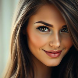 A close-up portrait of a sexy woman with alluring features, featuring a captivating smile and sparkling eyes