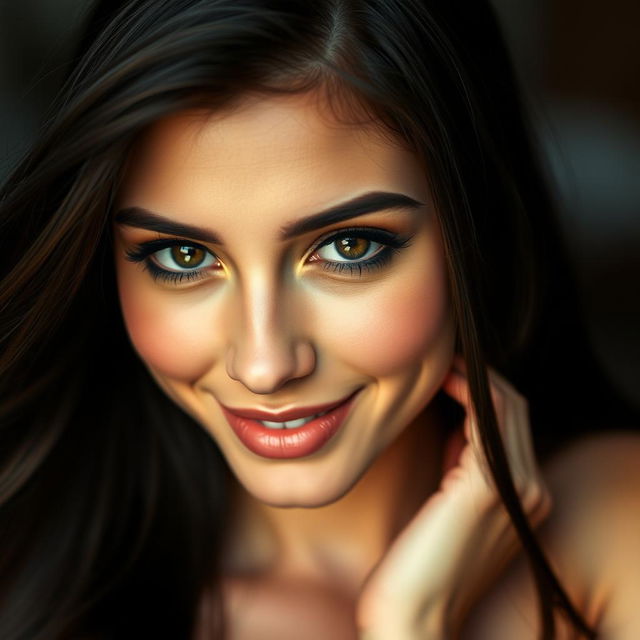 A close-up portrait of a sexy woman with alluring features, featuring a captivating smile and sparkling eyes