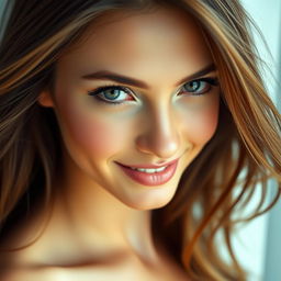 A close-up portrait of a sexy woman with alluring features, featuring a captivating smile and sparkling eyes