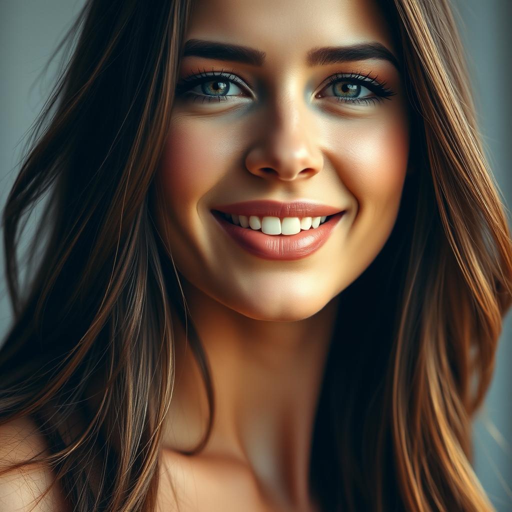 A close-up portrait of a sexy woman with alluring features, featuring a captivating smile and sparkling eyes