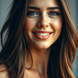 A close-up portrait of a sexy woman with alluring features, featuring a captivating smile and sparkling eyes