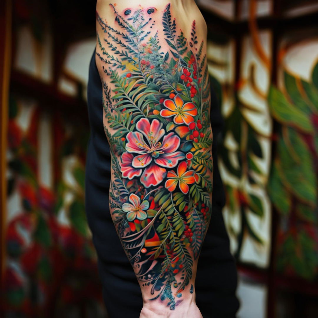 A man's arm sleeve tattoo featuring a diverse array of intricately detailed flowers and leaves in a mix of soft pastels and bold hues