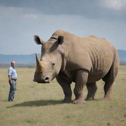 A truly gigantic rhinoceros, referencing the size of the largest species on record next to a 6-foot tall human for scale