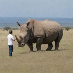 A truly gigantic rhinoceros, referencing the size of the largest species on record next to a 6-foot tall human for scale