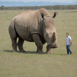 A truly gigantic rhinoceros, referencing the size of the largest species on record next to a 6-foot tall human for scale