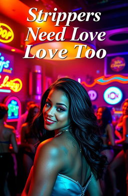 A vibrant and lively strip club scene as a background, filled with colorful neon lights and a stage spotlight illuminating the area