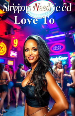 A vibrant and lively strip club scene as a background, filled with colorful neon lights and a stage spotlight illuminating the area