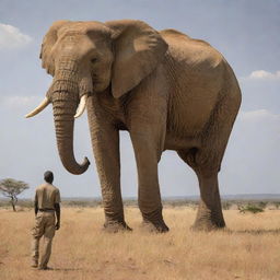 A towering elephant, indicative of the largest recorded in history, standing next to a 6-foot tall human for comparison