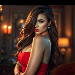 A glamorous and alluring woman with a sultry gaze and confident pose