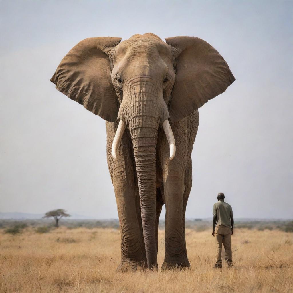 A towering elephant, indicative of the largest recorded in history, standing next to a 6-foot tall human for comparison