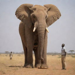 A towering elephant, indicative of the largest recorded in history, standing next to a 6-foot tall human for comparison