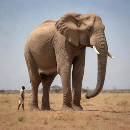 A towering elephant, indicative of the largest recorded in history, standing next to a 6-foot tall human for comparison