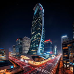 A stunning skyscraper at night, designed in the signature style of Zaha Hadid, characterized by flowing, futuristic curves and innovative forms