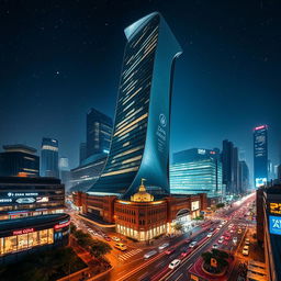 A stunning skyscraper at night, designed in the signature style of Zaha Hadid, characterized by flowing, futuristic curves and innovative forms