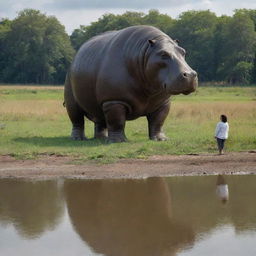 A colossal hippopotamus, depicting the proportions of the largest known species, stands next to a 6-foot tall human