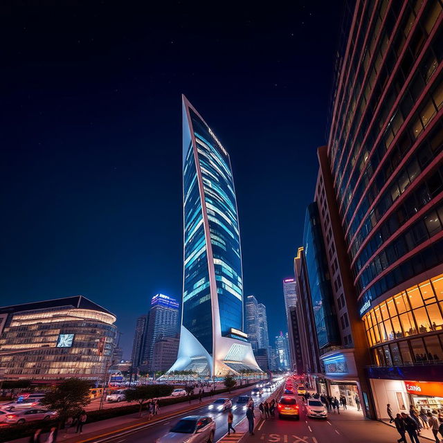 A stunning skyscraper at night, designed in the signature style of Zaha Hadid, characterized by flowing, futuristic curves and innovative forms