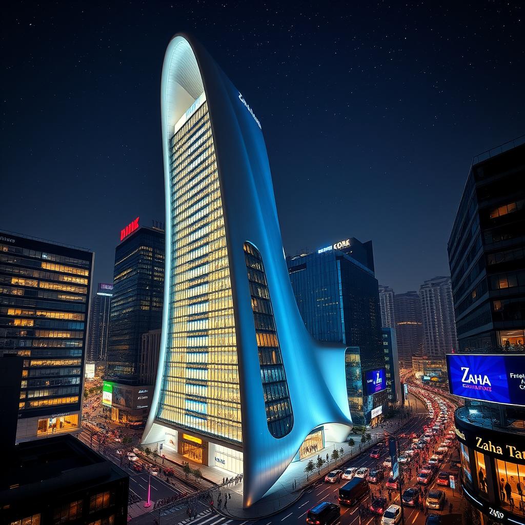 A stunning skyscraper at night, designed in the signature style of Zaha Hadid, characterized by flowing, futuristic curves and innovative forms