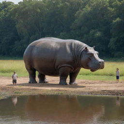 A colossal hippopotamus, depicting the proportions of the largest known species, stands next to a 6-foot tall human