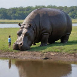 A colossal hippopotamus, depicting the proportions of the largest known species, stands next to a 6-foot tall human