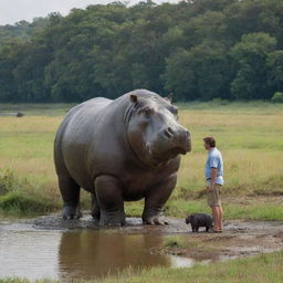 A colossal hippopotamus, depicting the proportions of the largest known species, stands next to a 6-foot tall human