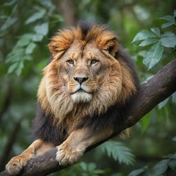 A powerful jungle lion, its mane vibrant and full, lounges lazily on a tree branch amidst the dense foliage of the tropical rainforest